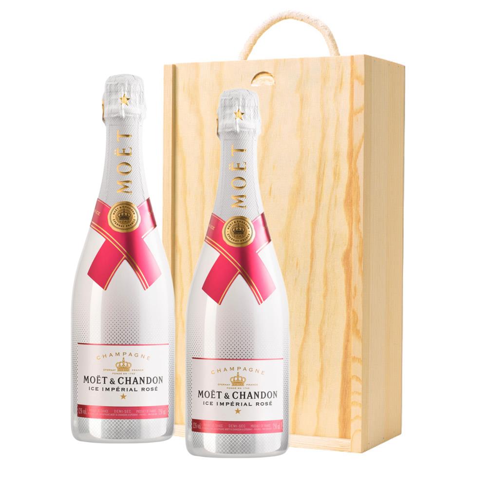 Moet Andamp; Chandon Ice Imperial Rose 75cl Twin Pine Wooden Gift Box (2x75cl)